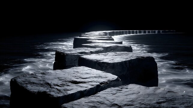 Path of stone causeway stretching across a dark sea in a surreal monochrome landscape with a distant horizon light