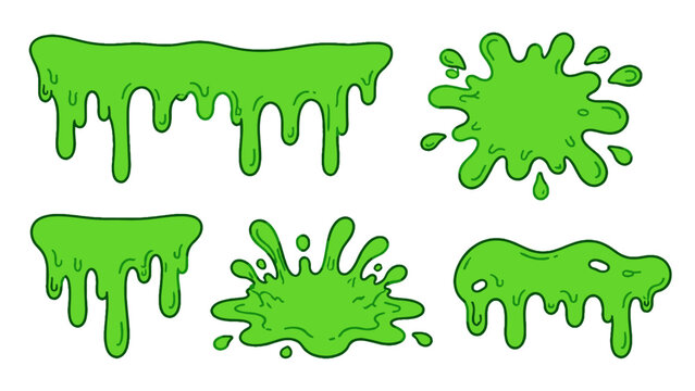 Green slime drips and splatter cartoon vector set