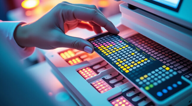 Hand holding microarray slide for genetic testing with colorful illuminated spots in laboratory setting