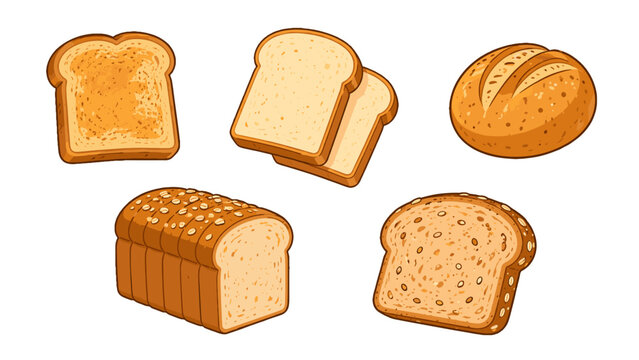 Assorted bread slices loaf and round bun vector set