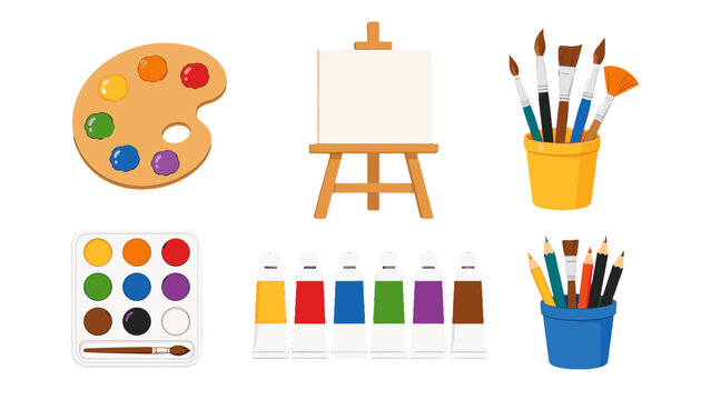 Colorful art supplies set with palette, easel, brushes and paints