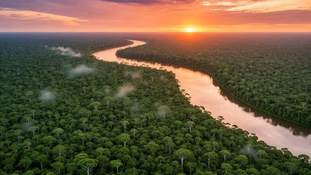 Aerial view of a winding river flowing through dense green rainforest at golden hour sunset