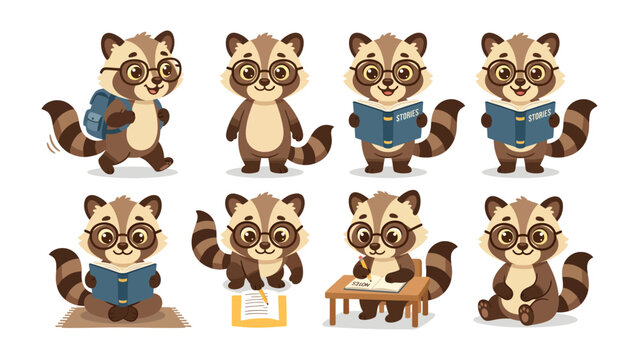 Cute Raccoon Scholar: A collection of adorable raccoons, sporting glasses and various school-related accessories like backpacks and books, engaged in different activities such as walking, reading.