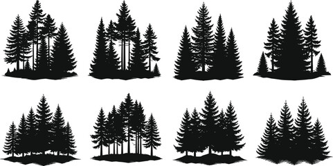 Fototapeta premium Black Pine Forest Silhouette Set Collection of Evergreen Trees Woodland Nature Landscape Icons Isolated on White Background Vector Illustration Design
