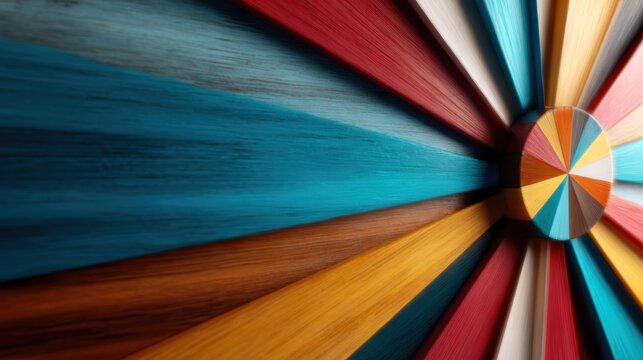 An artistic close-up of radiating wooden shapes presenting vibrant colors that embody a sense of joy, creativity, and dynamism in this lively abstract design.