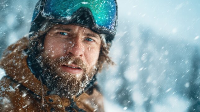 A rugged mountain adventurer braves a snowstorm, his focused gaze and frost-covered beard embody the spirit of determination and resilience in extreme environments.