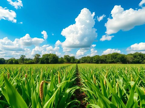 Lush green rows of corn under a brilliant blue sky with puffy white clouds, country, peaceful