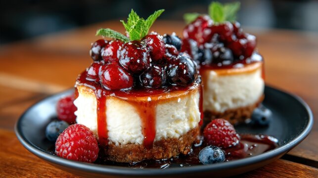 A mouthwatering cheesecake topped with a variety of fresh berries, drizzled with berry sauce, and decorated with mint leaves, embodying the essence of sweet indulgence and delight.