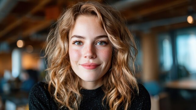 A close-up of a cheerful young woman with curly hair and a warm smile reflects joy and positivity, embodying an inviting and friendly atmosphere for all to appreciate.
