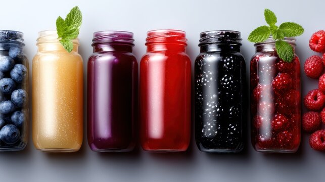 A vibrant display of assorted juice bottles with fresh berries and mint leaves, showcasing a variety of colors and flavors that are visually appealing and refreshing.