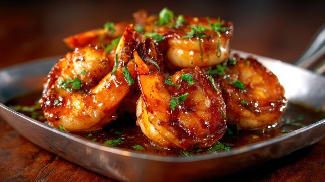 A vibrant dish of perfectly cooked shrimp glazed in a honey garlic sauce, garnished with fresh herbs and presented elegantly on a silver platter, highlighting culinary artistry.