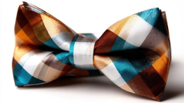 This vibrant plaid bow tie showcases a striking combination of colors including teal, orange, and brown, perfect for adding a stylish touch to any outfit.