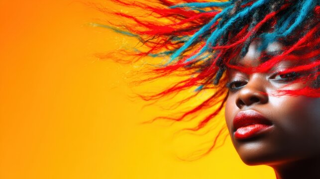 A stunning close-up portrait of a woman features vibrant blue and red hair, showcasing bold self-expression and artistic flair against a bright orange backdrop.