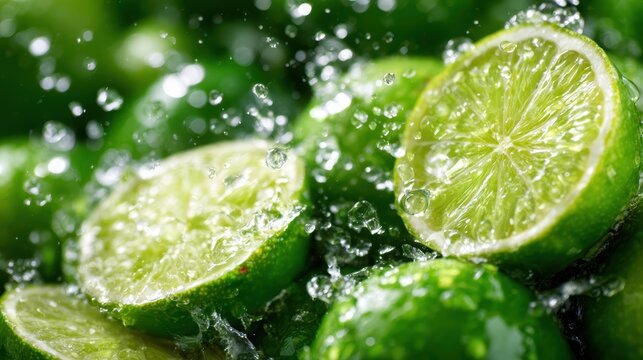 Juicy lime slices are splashed with refreshing water droplets, capturing the lively essence of freshness and vitality in a vibrant, close-up culinary scene that awakens the senses.