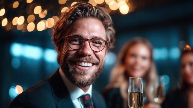 A smiling man toasts with a glass of champagne at a festive gathering, embodying the joy and happiness of celebration amidst the shimmering ambiance of a party scene.