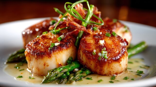 An exquisite dish of gourmet scallops sits elegantly on a plate accompanied by fresh green asparagus, epitomizing fine dining and culinary artistry with artistic presentation.