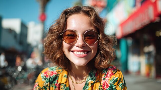 A cheerful young woman smiles brightly while wearing stylish sunglasses and a floral shirt, capturing the essence of summer joy and urban lifestyle amidst a vibrant background.