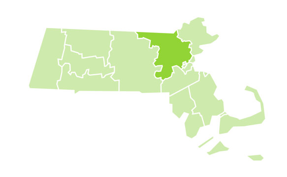 Massachusetts Map with Middlesex County Highlighted in Green Color Vector Illustration