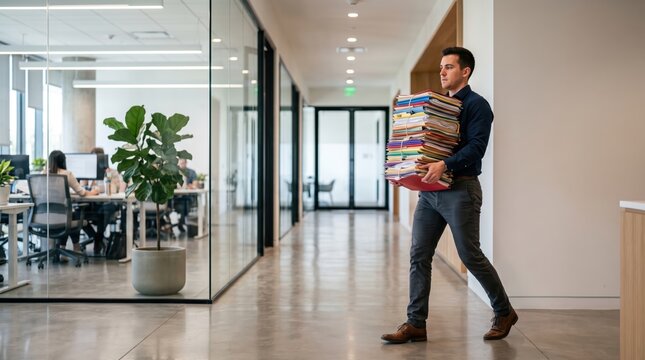 Male worker carrying tall pile of folders and binders through modern glass office corridor walking steadily with focused expression transporting organized documents in professional workplace