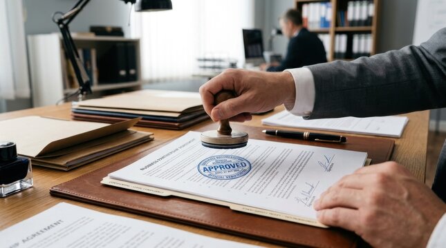 Business executive hand stamping approved document on office desk with approved document business official contract paperwork agreement authorization certified validation corporate