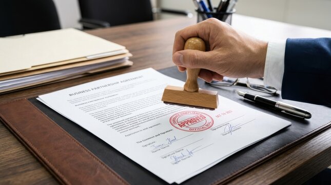 Business manager stamping legal document for official approval with official approval document contract business paperwork authorized validation certified agreement corporate