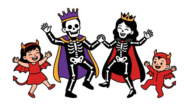 Halloween Family Dance: A whimsical illustration depicts a skeleton family, dressed as royalty and devils, dancing joyfully with their children.