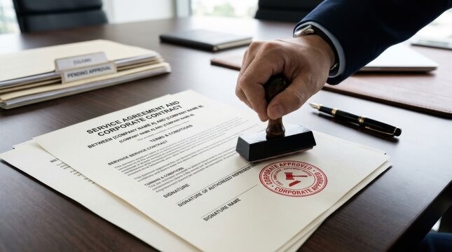 Finalizing a business contract with a rubber stamp in an office setting document contract approval business paperwork agreement corporate management official administrative