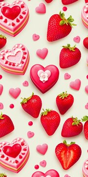 Vintage-inspired seamless pattern featuring heart-shaped cakes and strawberries, Strawberry, Pastel