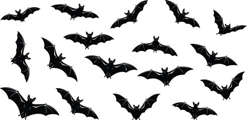 Fototapeta premium Black silhouette flying bats set with vampire bat icons and scary halloween animals collection for spooky night party decoration design elements