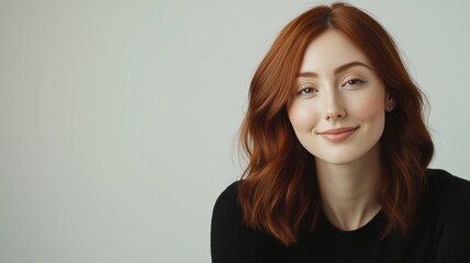 Fototapeta premium Cheerful red haired woman on white background.