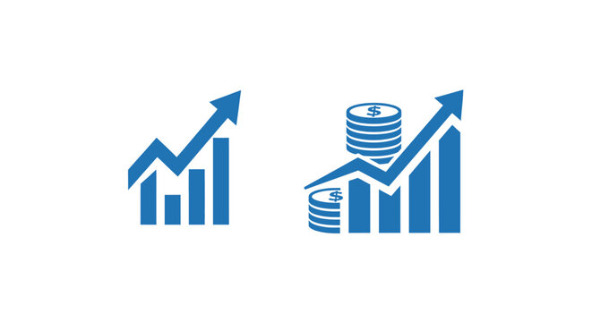 Blue upward trending graph with house and coins.