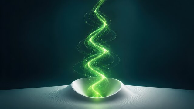 Glowing green spiral light emerging from smooth white surface in dark setting