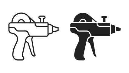 Price Tag Gun Set: Two stylized icons of a price tag gun, one in outline and the other in solid black, showcase a simple tool for retail and inventory management. © Hasem
