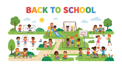 Naklejka premium Back to School Fun: A vibrant illustration depicts children of diverse backgrounds enjoying various schoolyard activities, celebrating the joy and excitement of returning to school.