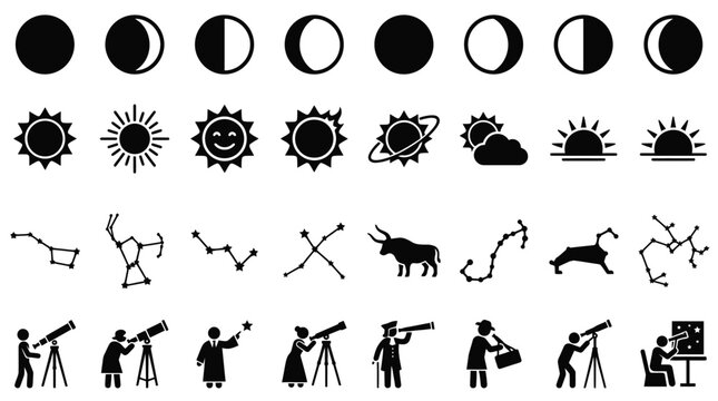 Set of black astronomy icons featuring lunar moon phases, solar sun symbols, star constellations like Orion and Big Dipper, and people observing space with telescopes on a white background.
