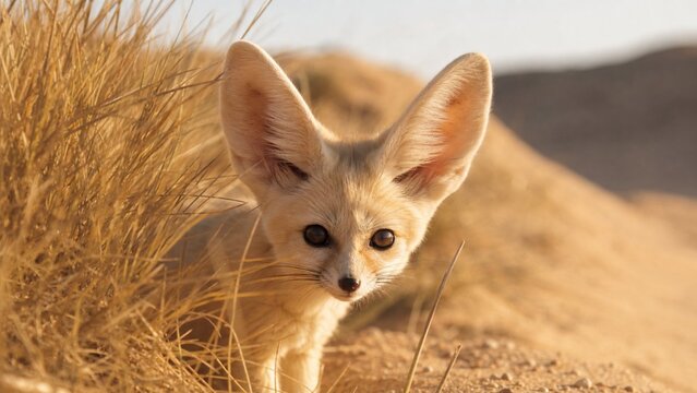 Fennec fox alert on the grassland