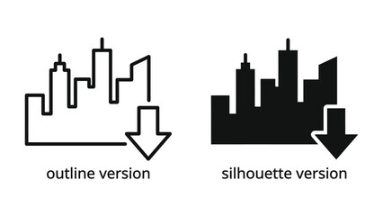 Fototapeta premium Urban Decline Icons: Two stylized icons depicting a city skyline with a downward arrow, representing decline or a downturn in the urban economy or real estate market.