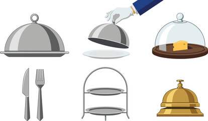  Restaurant service vector icons set featuring restaurant cloche dome hand in white glove serving food silverware cake stand and reception bell © B
