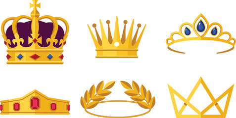  Golden crowns and luxury tiaras vector elements including monarchy symbols medieval royal headwear princess diadem laurel wreath and abstract modern crown icons © B