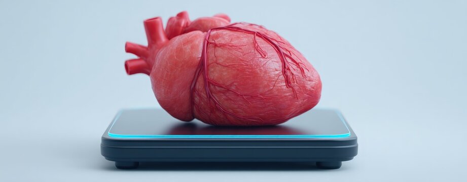 Anatomical human heart model resting on digital scale representing digital innovation in healthcare and modern cardiac technology analysis