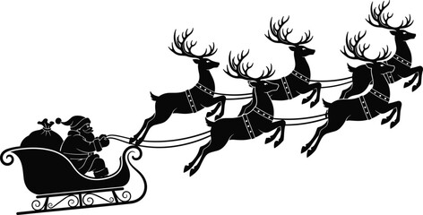 Black silhouette of Santa Claus flying in a sleigh pulled by reindeer with bag of gifts isolated on white background for Christmas holiday decoration. © MstNilufar