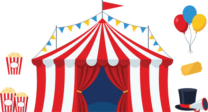 Circus tent and carnival entertainment vector icon set featuring red and white striped big top popcorn boxes balloons entrance ticket and magician hat