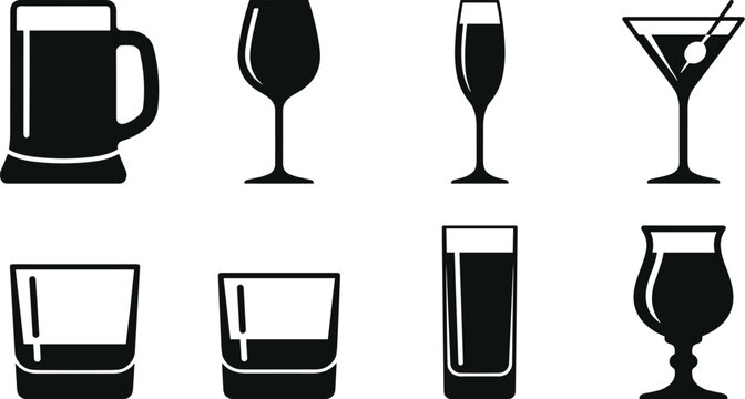Bar glassware and alcoholic beverage drink icon set vector illustration featuring black silhouettes of beer mug wine champagne cocktail and whiskey glasses