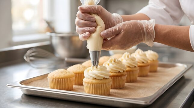 Baker Piping Icing Onto Cupcakes. Pastry Chef Decorating Desserts For Celebration