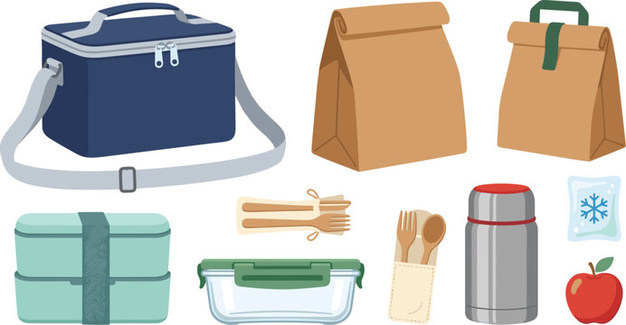  Lunch box container and cooler bag vector set featuring insulated thermal tote brown paper bags bento box glass container thermos flask and apple