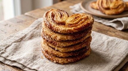 Fototapeta premium Stack of palmier pastries on linen cloth on wooden table close up of caramelized layers flaky puff pastry rustic breakfast or snack setting warm inviting mood