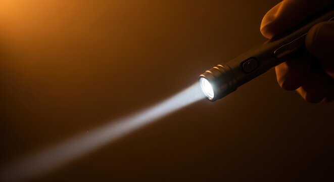 Close-up of a hand holding a compact LED flashlight emitting a bright beam of light in a dark, warm-toned environment