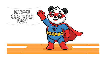 Superhero Panda for Costume Day: A cheerful panda dressed as a superhero, complete with a cape and mask, waves to the viewer in celebration of School Costume Day. © Rokaiya