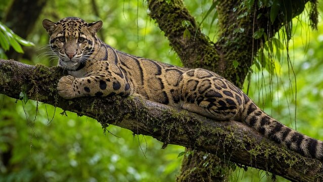 The clouded leopard climbed among the thick branches and vines of the forest.