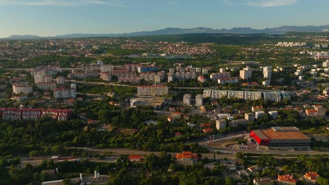 Panoramic drone photography of Rijeka coastal city in sunny Croatia